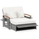 Costway Letto da giorno in rattan per patio schienale regolabile a 4 livelli, Set 2 pezzi con divanetto e pouf contenitore tavoli ribaltabili Bianco - immagine 5