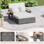 Costway Letto da giorno in rattan per patio schienale regolabile a 4 livelli, Set 2 pezzi con divanetto e pouf contenitore tavoli ribaltabili Bianco - immagine 7