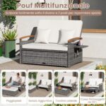 Costway Letto da giorno in rattan per patio schienale regolabile a 4 livelli, Set 2 pezzi con divanetto e pouf contenitore tavoli ribaltabili Bianco - immagine 8