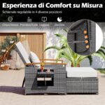 Costway Letto da giorno in rattan per patio schienale regolabile a 4 livelli, Set 2 pezzi con divanetto e pouf contenitore tavoli ribaltabili Bianco - immagine 10