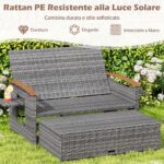 Costway Letto da giorno in rattan per patio schienale regolabile a 4 livelli, Set 2 pezzi con divanetto e pouf contenitore tavoli ribaltabili Bianco - immagine 11