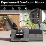 Costway Letto da giorno in rattan per patio schienale regolabile a 4 livelli, Set 2 pezzi con divanetto e pouf contenitore tavoli ribaltabili Nero - immagine 11