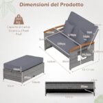Costway Letto da giorno in rattan per patio schienale regolabile a 4 livelli, Set 2 pezzi con divanetto e pouf contenitore tavoli ribaltabili Grigio - immagine 6