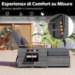 Costway Letto da giorno in rattan per patio schienale regolabile a 4 livelli, Set 2 pezzi con divanetto e pouf contenitore tavoli ribaltabili Grigio - immagine 10