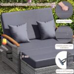 Costway Letto da giorno in rattan per patio schienale regolabile a 4 livelli, Set 2 pezzi con divanetto e pouf contenitore tavoli ribaltabili Grigio - immagine 9