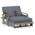 Costway Letto da giorno in rattan per patio schienale regolabile a 4 livelli, Set 2 pezzi con divanetto e pouf contenitore tavoli ribaltabili Grigio - immagine 4