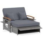 Costway Letto da giorno in rattan per patio schienale regolabile a 4 livelli, Set 2 pezzi con divanetto e pouf contenitore tavoli ribaltabili Grigio - immagine 5