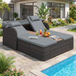 Costway Letto matrimoniale in rattan con tetto retrattile e schienali regolabili, Divano imbottito con tavolino centrale e portabicchieri Grigio - immagine 3