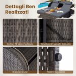 Costway Letto matrimoniale in rattan con tetto retrattile e schienali regolabili, Divano imbottito con tavolino centrale e portabicchieri Grigio - immagine 7