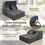 Costway Letto matrimoniale in rattan con tetto retrattile e schienali regolabili, Divano imbottito con tavolino centrale e portabicchieri Grigio - immagine 9