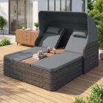 Costway Letto matrimoniale in rattan con tetto retrattile e schienali regolabili, Divano imbottito con tavolino centrale e portabicchieri Grigio - immagine 2