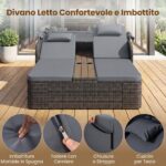 Costway Letto matrimoniale in rattan con tetto retrattile e schienali regolabili, Divano imbottito con tavolino centrale e portabicchieri Grigio - immagine 11