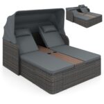 Costway Letto matrimoniale in rattan con tetto retrattile e schienali regolabili, Divano imbottito con tavolino centrale e portabicchieri Grigio - immagine 5