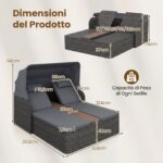Costway Letto matrimoniale in rattan con tetto retrattile e schienali regolabili, Divano imbottito con tavolino centrale e portabicchieri Grigio - immagine 6