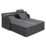 Costway Letto matrimoniale in rattan con tetto retrattile e schienali regolabili, Divano imbottito con tavolino centrale e portabicchieri Grigio