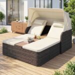 Costway Letto matrimoniale in rattan con tetto retrattile e schienali regolabili, Divano imbottito con tavolino centrale e portabicchieri Beige - immagine 2