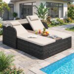 Costway Letto matrimoniale in rattan con tetto retrattile e schienali regolabili, Divano imbottito con tavolino centrale e portabicchieri Beige - immagine 3