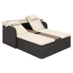 Costway Letto matrimoniale in rattan con tetto retrattile e schienali regolabili, Divano imbottito con tavolino centrale e portabicchieri Beige