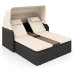 Costway Letto matrimoniale in rattan con tetto retrattile e schienali regolabili, Divano imbottito con tavolino centrale e portabicchieri Beige - immagine 4