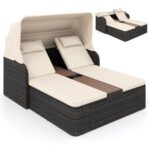 Costway Letto matrimoniale in rattan con tetto retrattile e schienali regolabili, Divano imbottito con tavolino centrale e portabicchieri Beige - immagine 5