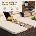 Costway Letto matrimoniale in rattan con tetto retrattile e schienali regolabili, Divano imbottito con tavolino centrale e portabicchieri Beige - immagine 8
