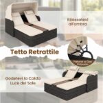 Costway Letto matrimoniale in rattan con tetto retrattile e schienali regolabili, Divano imbottito con tavolino centrale e portabicchieri Beige - immagine 9