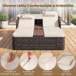 Costway Letto matrimoniale in rattan con tetto retrattile e schienali regolabili, Divano imbottito con tavolino centrale e portabicchieri Beige - immagine 11