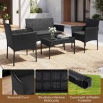 Costway Salotto da giardino in rattan 4 pz con divano poltrone e tavolino vetro, Set esterno con cuscini per balcone terrazzo e patio Nero - immagine 8