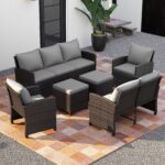 Costway Set salotto da esterno in rattan PE con divano a 3 posti divano a 2 posti, Set da giardino con 2 poltrone e 2 poggiapiedi Grigio - immagine 2