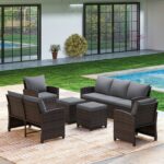 Costway Set salotto da esterno in rattan PE con divano a 3 posti divano a 2 posti, Set da giardino con 2 poltrone e 2 poggiapiedi Grigio - immagine 3