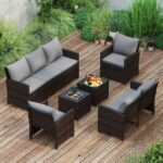 Costway Set salotto da esterno in rattan PE con divano a 3 posti divano a 2 posti, Set da giardino con 2 poltrone e 2 poggiapiedi Grigio - immagine 4