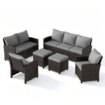 Costway Set salotto da esterno in rattan PE con divano a 3 posti divano a 2 posti, Set da giardino con 2 poltrone e 2 poggiapiedi Grigio