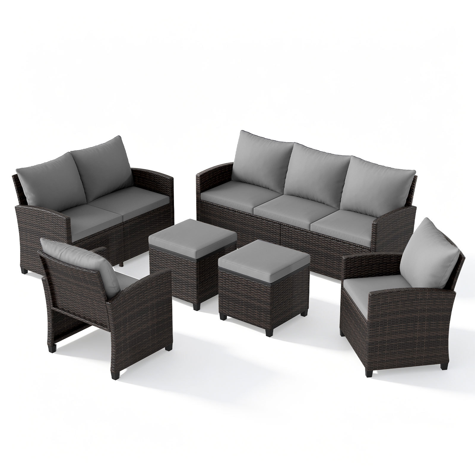 NP13121GR-mediaId105126689-1785318843.jpg Costway Set salotto da esterno in rattan PE con divano a 3 posti divano a 2 posti, Set da giardino con 2 poltrone e 2 poggiapiedi Grigio - immagine 1