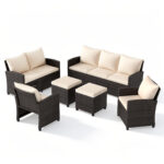 Costway Set salotto da esterno in rattan PE con divano a 3 posti divano a 2 posti, Set da giardino con 2 poltrone e 2 poggiapiedi Beige