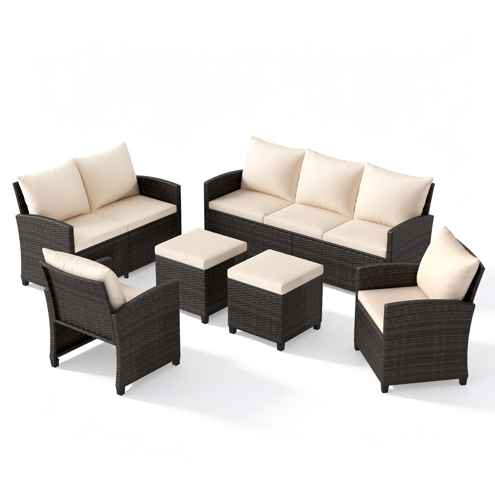 NP13121MS-mediaId104799757-1785399123.jpg Costway Set salotto da esterno in rattan PE con divano a 3 posti divano a 2 posti, Set da giardino con 2 poltrone e 2 poggiapiedi Beige - immagine 1