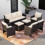 Costway Set salotto da esterno in rattan PE con divano a 3 posti divano a 2 posti, Set da giardino con 2 poltrone e 2 poggiapiedi Beige - immagine 2