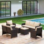 Costway Set salotto da esterno in rattan PE con divano a 3 posti divano a 2 posti, Set da giardino con 2 poltrone e 2 poggiapiedi Beige - immagine 3