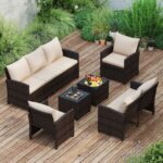 Costway Set salotto da esterno in rattan PE con divano a 3 posti divano a 2 posti, Set da giardino con 2 poltrone e 2 poggiapiedi Beige - immagine 4