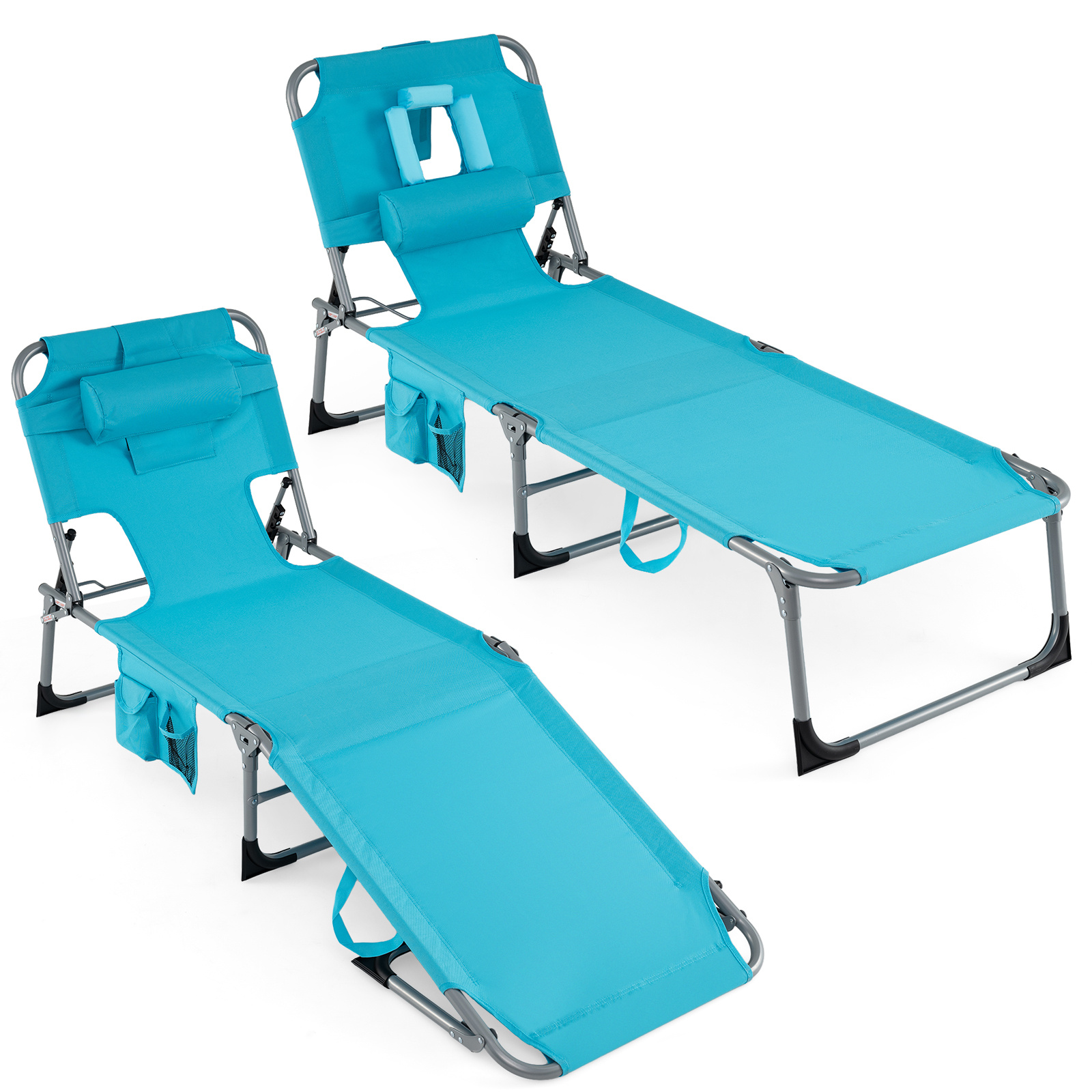 NP13349LS-mediaId103777762-1773645826.jpg Costway Sdraio giardino pieghevole con schienale regolabile in 4 posizioni, Sedia a sdraio portatile con cusini e tasche laterali Turchese - immagine 1