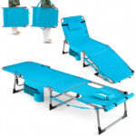 Costway Lettino da spiaggia pieghevole con cuscino poggiatesta, Sedia sdraio da esterno con tasca laterale per giardino e piscina Verde - immagine 4