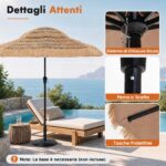 Costway Ombrellone di Paglia 275x251cm inclinabile 30° 8costole palo metallo manovella, Parasole hawaiano per giardino e cortile - immagine 10