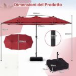 Costway Ombrellone da giardino doppio 108 luci led solari 12 modalit&agrave; 3 prese d'aria manovella e base, Ombrellone da esterno con 12 stecche Bordeaux - immagine 5