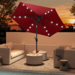 Costway Ombrello da mercato per esterni con pannello solare da tavolo per giardino, Ombrellone da patio 230 cm Rosso Bordeaux - immagine 3
