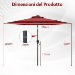 Costway Ombrello da mercato per esterni con pannello solare da tavolo per giardino, Ombrellone da patio 230 cm Rosso Bordeaux - immagine 5