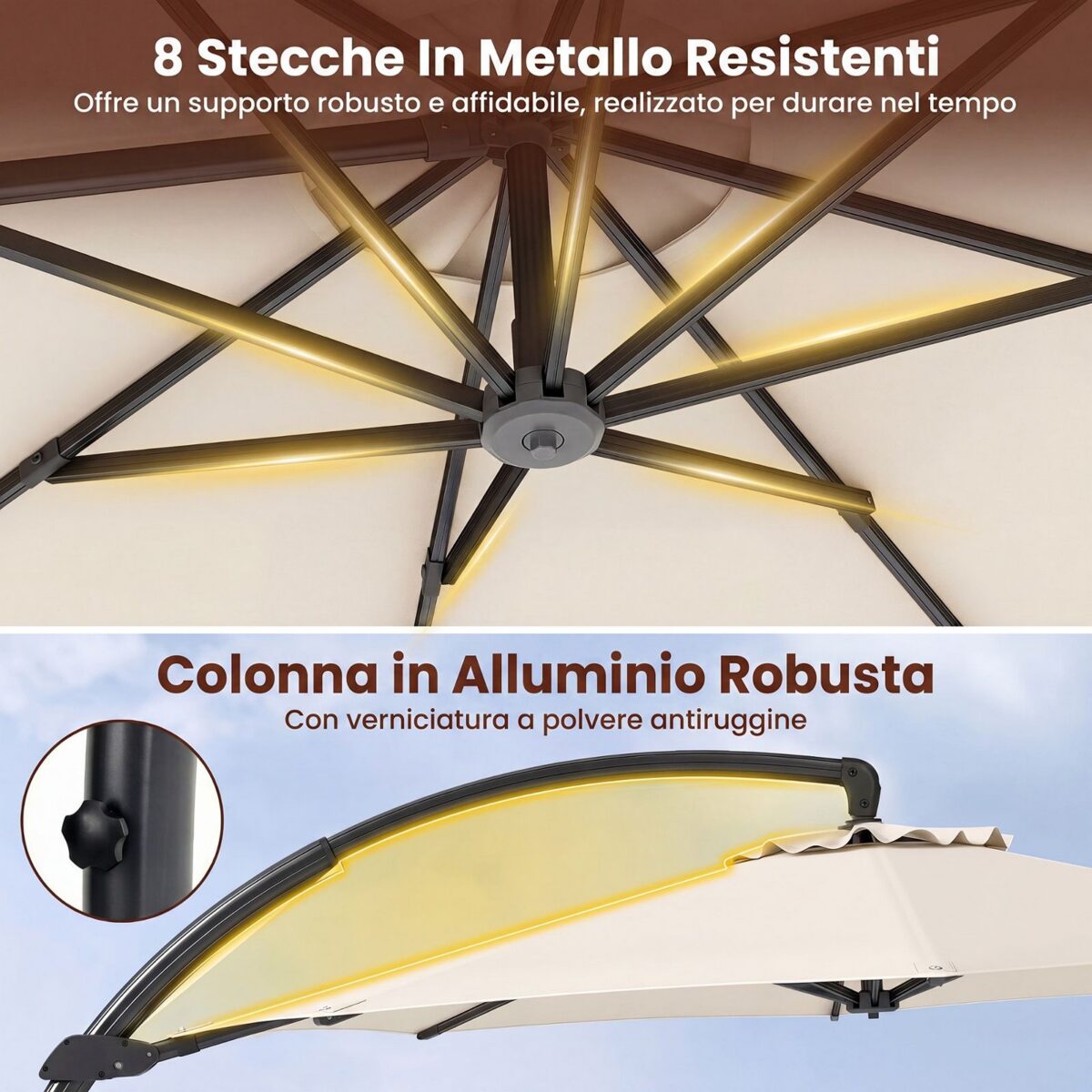 Costway Ombrellone da esterno 3x3 m con 8 stecche metalliche resistenti e 4 sacchi di sabbia, Ombrellone da spiaggia rotazione 360° Beige - immagine 7