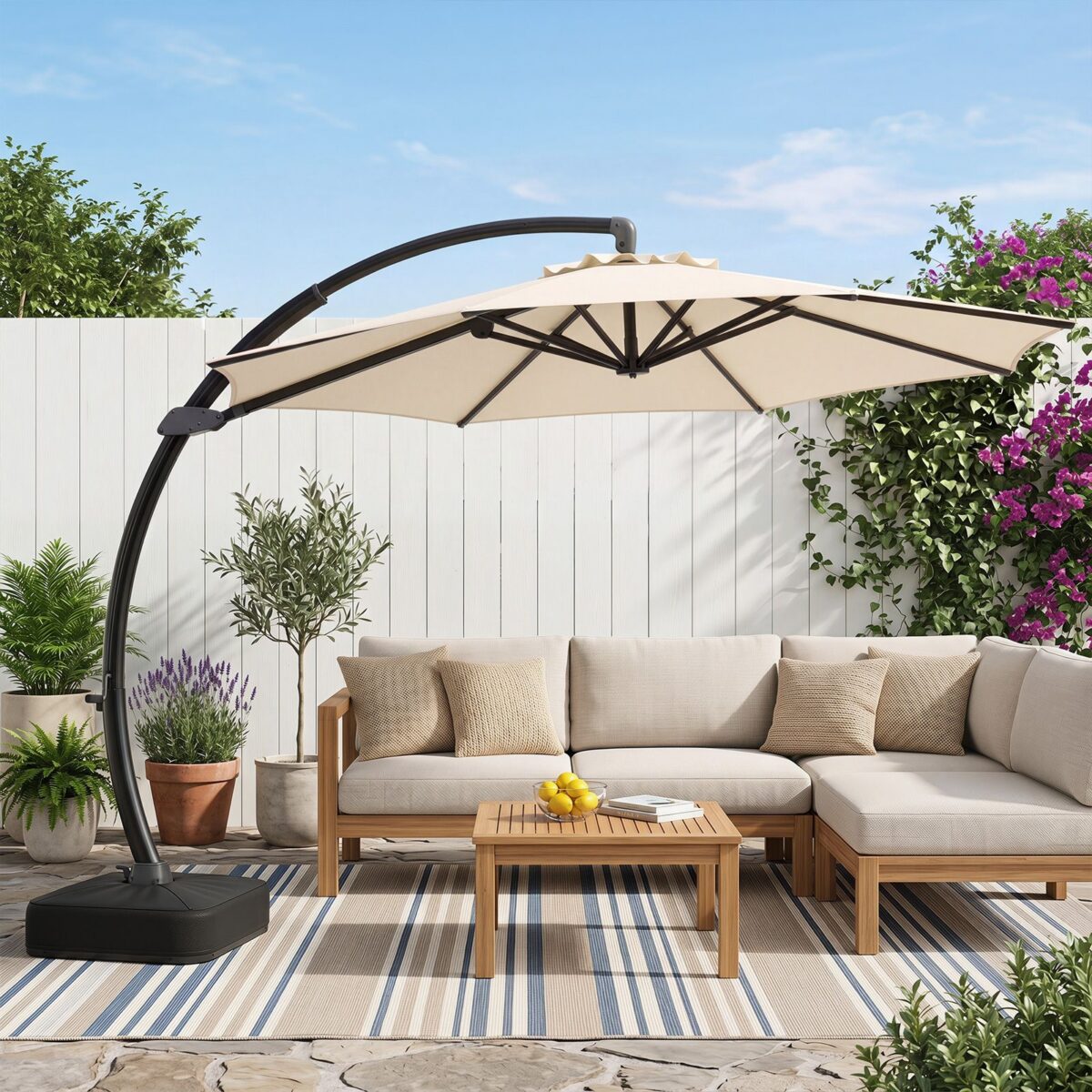 Costway Ombrellone da esterno 3x3 m con 8 stecche metalliche resistenti e 4 sacchi di sabbia, Ombrellone da spiaggia rotazione 360° Beige - immagine 2