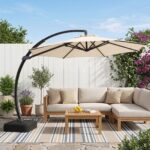 Costway Ombrellone da esterno 3x3 m con 8 stecche metalliche resistenti e 4 sacchi di sabbia, Ombrellone da spiaggia rotazione 360° Beige - immagine 2