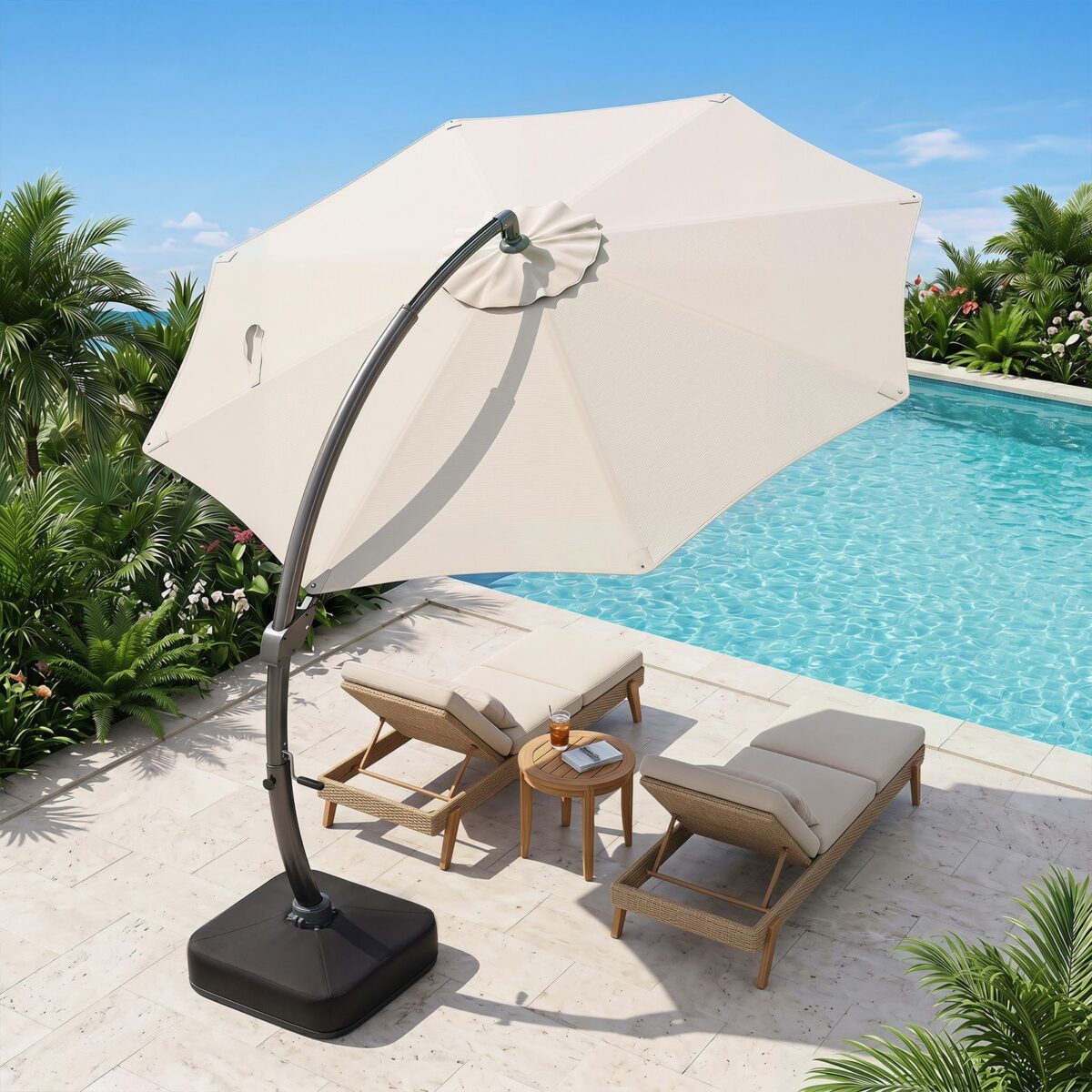 Costway Ombrellone da esterno 3x3 m con 8 stecche metalliche resistenti e 4 sacchi di sabbia, Ombrellone da spiaggia rotazione 360° Beige - immagine 3