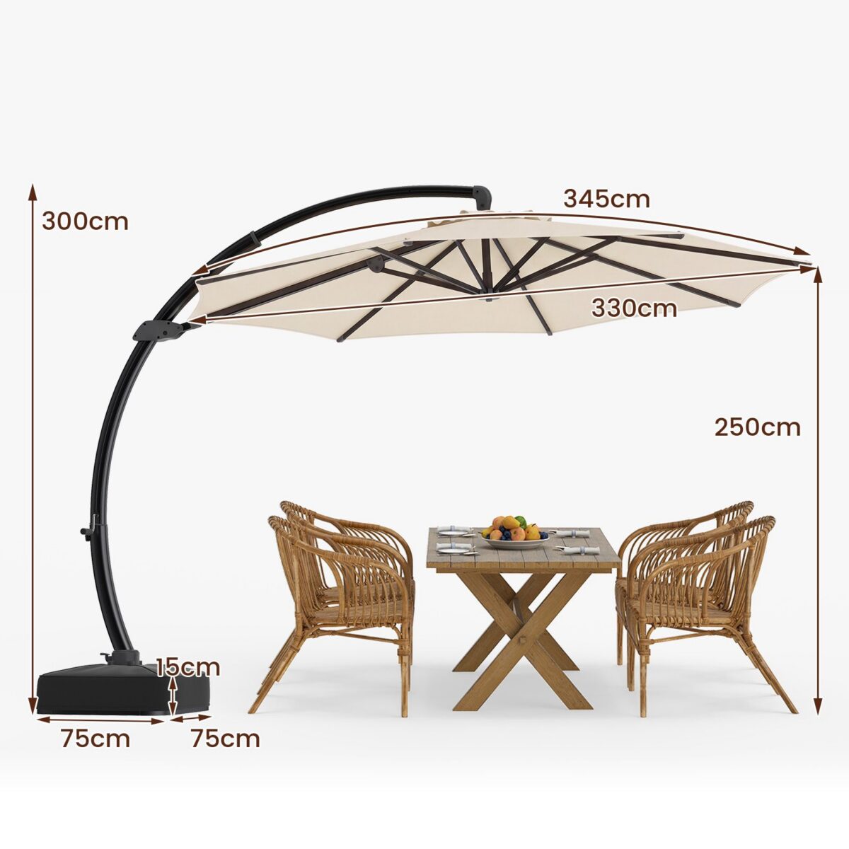 Costway Ombrellone da esterno 3x3 m con 8 stecche metalliche resistenti e 4 sacchi di sabbia, Ombrellone da spiaggia rotazione 360° Beige - immagine 5