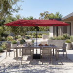 Costway Ombrellone da esterno rettangolare con maniglia a manovella scorrevole 12 stecche resistenti e 2 sacchi di sabbia, Ombrellone doppio da giardino Rosso - immagine 2